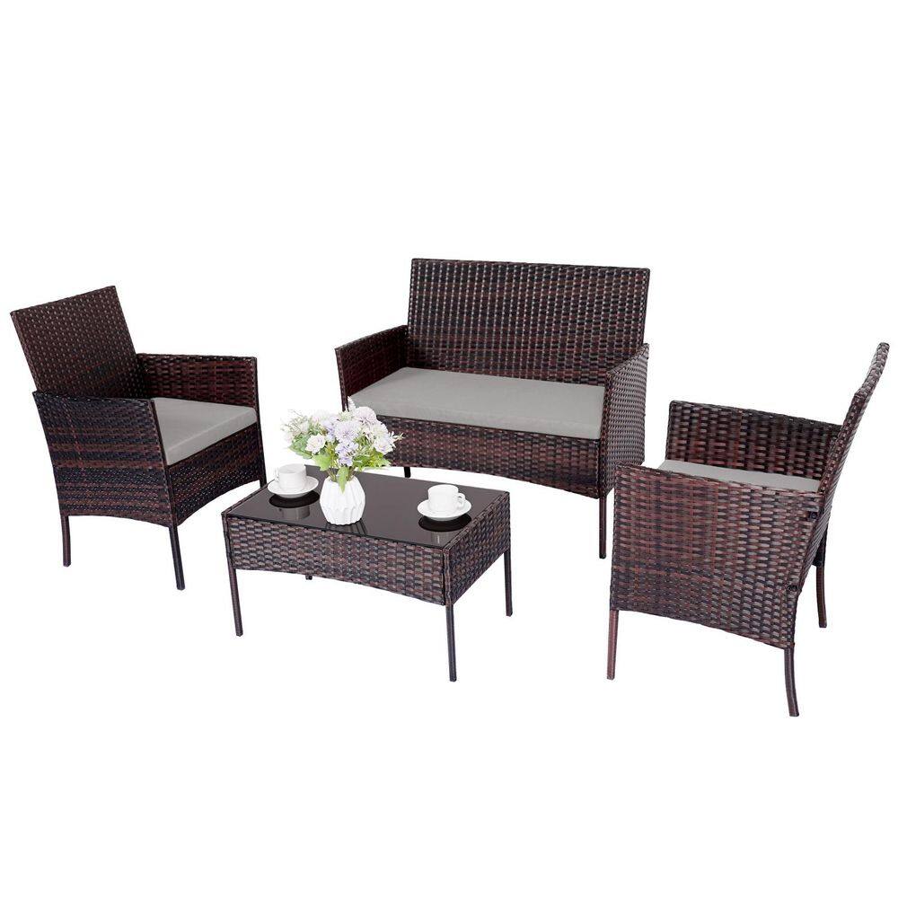 Brown 4-Piece All-Weather Wicker Patio Conversation Set with Grey Cushion and Coffee Table for Garden Backyard Poolside price history on PriceWatchPro
