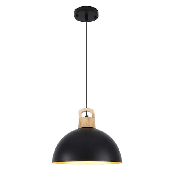 1-Light Black Dome Pendant Light Hanging Ceiling Chandelier with Metal Cover for Kitchen Island