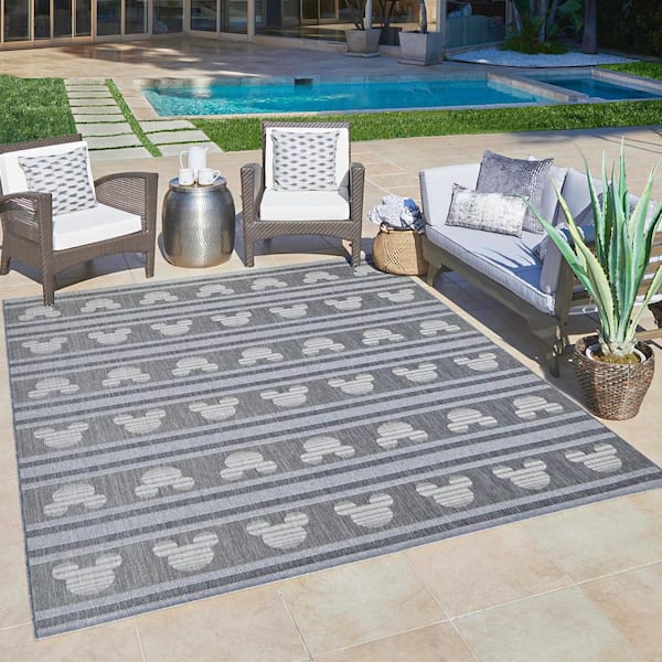 Mickey Mouse Steel/Ash 8 ft. x 10 ft. Striped Indoor/Outdoor Area Rug