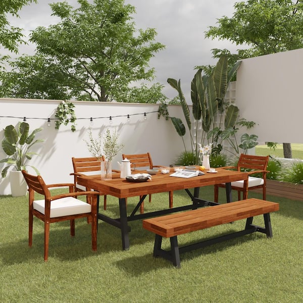 7-Piece Wood Outdoor Dining Set with Beige Cushions
