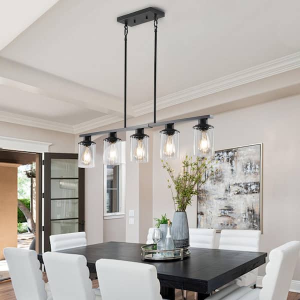 5 Light Black Chandelier with Clear Glass Shade for Dining Room, Kitchen Island, Living Room with no bulbs included