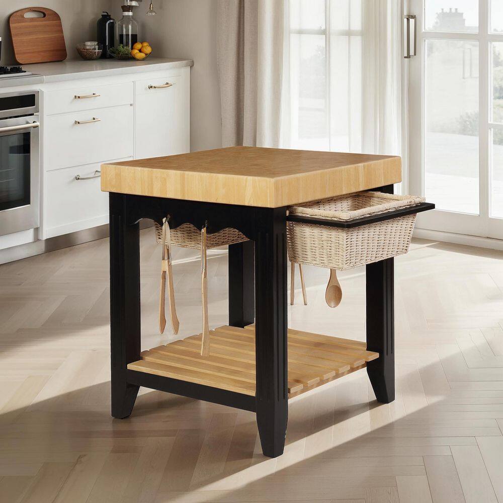 Kolton 30" Square Black & Natural Butcher Block Kitchen Island
