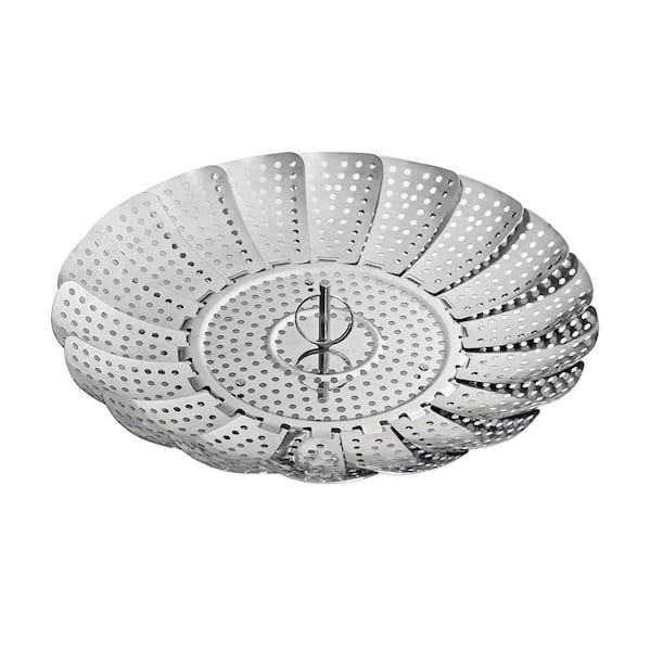 Stainless Steel Silver Steamer Basket with Foldable Legs Handle Vegetable Seafood Fruit Kitchen Strainer Cooking