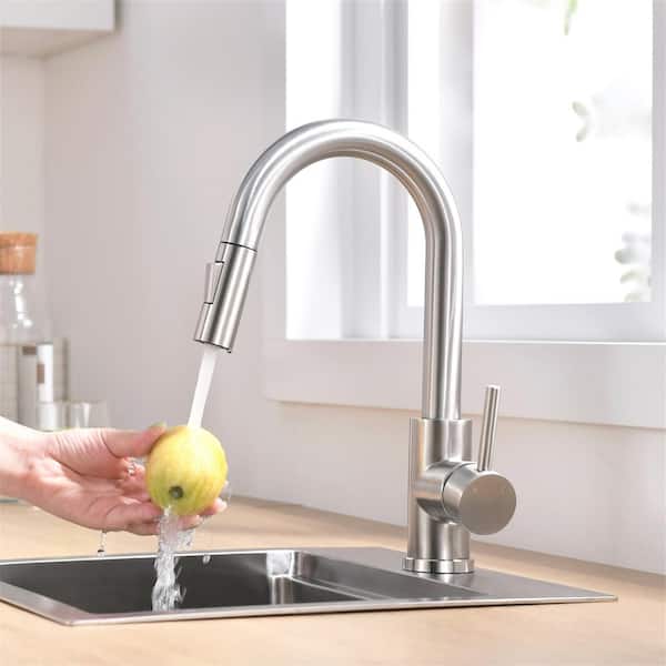 WOWOW Single Handle Brushed Nickel Pull Down Kitchen Faucet with Soap WOWOW Single Handle Brushed Nickel Pull Down Kitchen Faucet with Soap