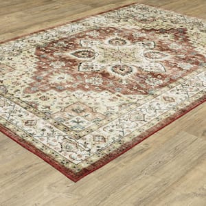 Summit Red/Ivory 5 ft. x 7 ft. Oriental Medallion Polyester Machine Washable Indoor Area Rug