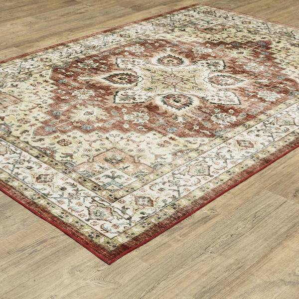 Summit Red/Ivory 8 ft. x 10 ft. Oriental Medallion Polyester Machine Washable Indoor Area Rug