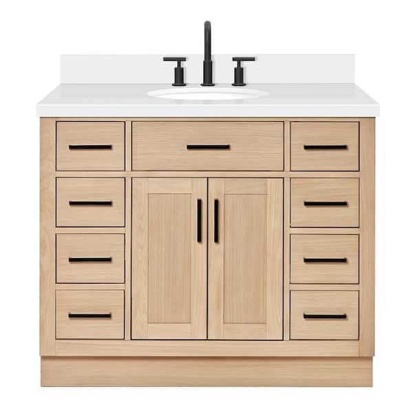 Hepburn 42 in. W x 22 in. D x 36 in. H Single Freestanding Bath Vanity in Oak with Pure White Quartz Top