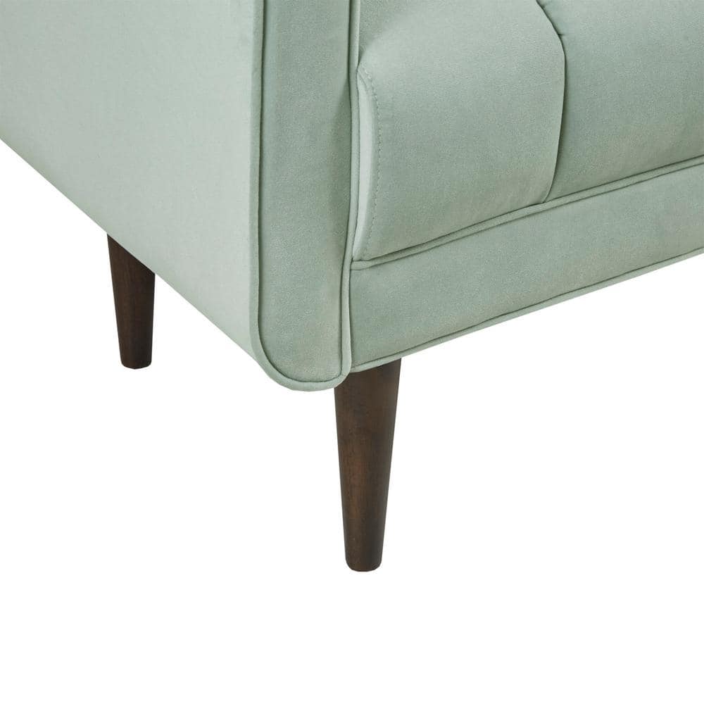 Pistachio Green Velvet Upholstered Channel Bench with Dark Wood Legs