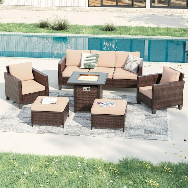 JOYESERY 6-Piecess Patio Conversation Set with Square Fire Pit Table, Brown Wicker Wide Armrests Sofa with Sand Cushion