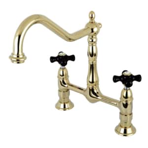 Duchess 2-Handle Bridge Kitchen Faucet with Black Porcelain Cross Handles in Polished Brass