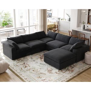 120.45 in. L-Shape 6-Piece 30% Linen Down Filled Rectangle Sectional Sofa Seperable Corner Couch with Ottoman in Black