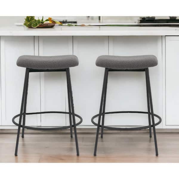HomeRoots 26 in. Gray Backless Metal Counter Height Bar Chair with Fabric Seat Set of 2