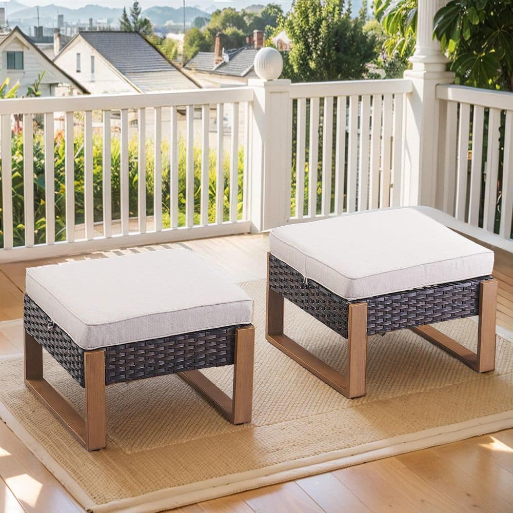 CubeEdge Brown Wicker Outdoor Ottoman with Removable Olefin Beige Cushions Patio Footrest (2-Piece) price history on PriceWatchPro