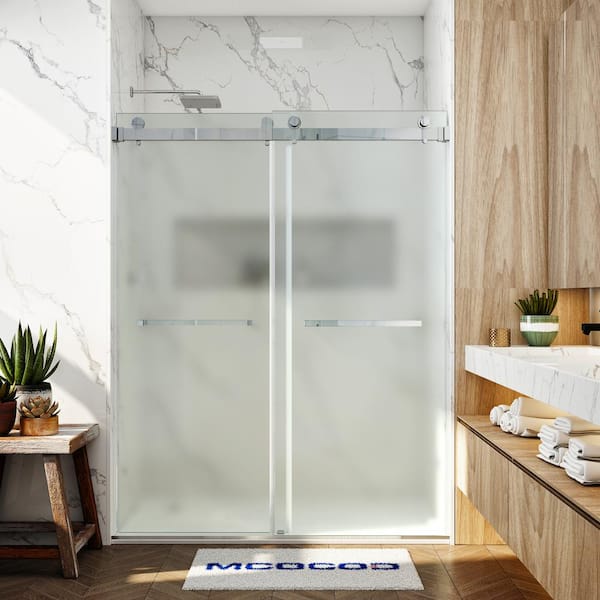 MCOCOD 56-61 in. W x 79 in. H Double Sliding Frameless Smooth Sliding Shower Door in Chrome with 3/8 in. Frosted Glass