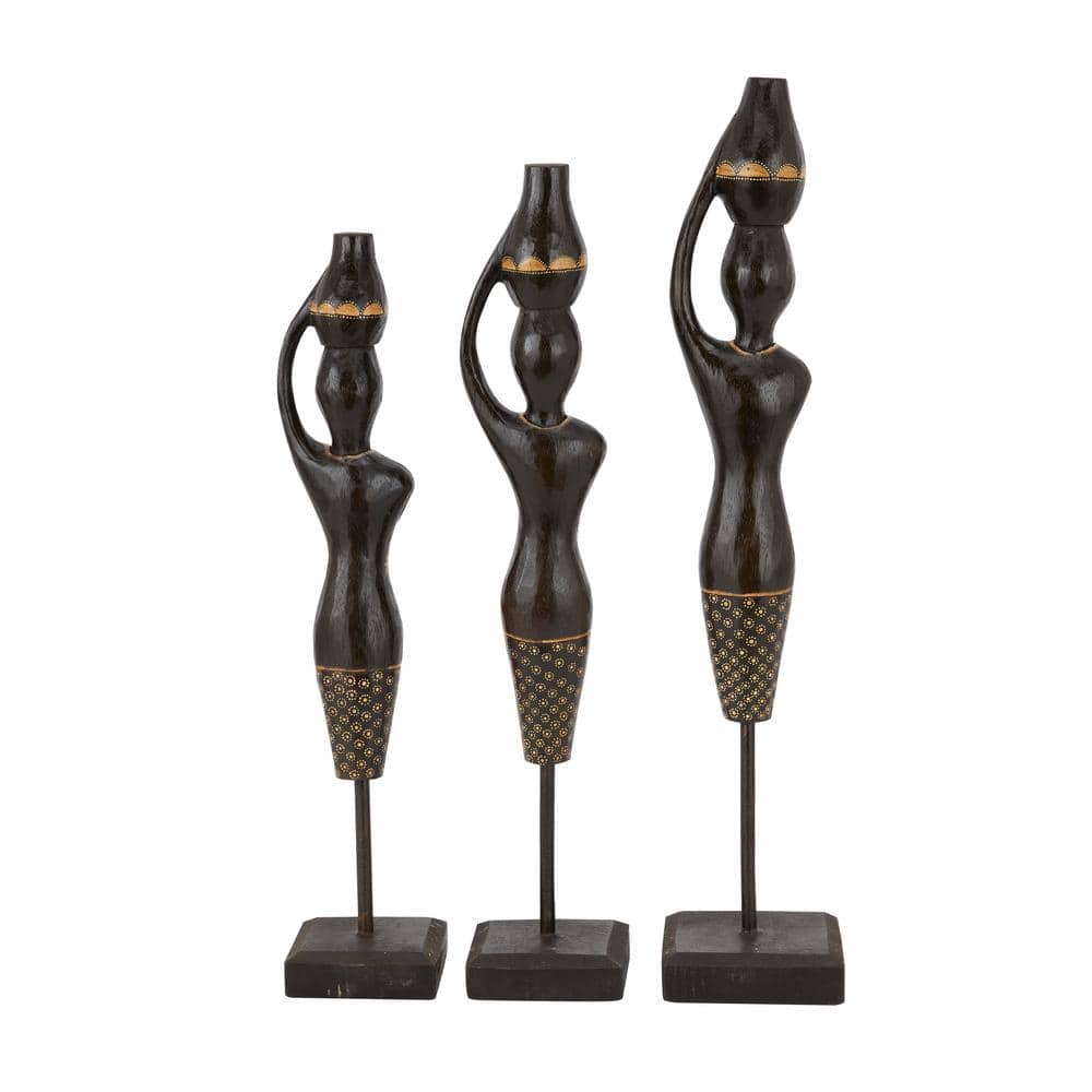 Transitional Art Deco Dark Wood Women Sculpture Trio