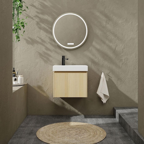 14 in. W x 24 in. D x 21 in. H 1-Sink Wall Mounted Bath Vanity in Oak with White Resin Top