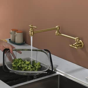 Double Handle Classic Wall Mount Pot Filler Kithen Faucet with Drip Free, Cold Pot Filler Faucet in Brushed Gold