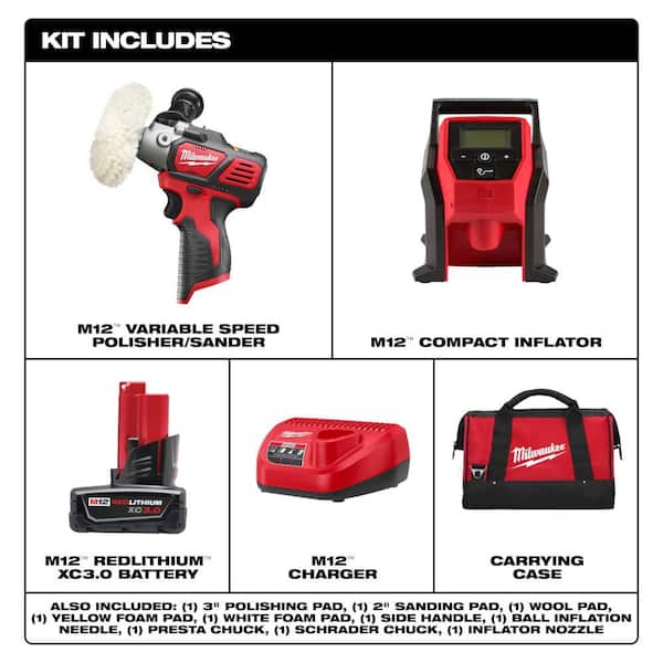 M12 12V Lithium-Ion Cordless Variable Speed Polisher/Sander Kit with Portable Inflator