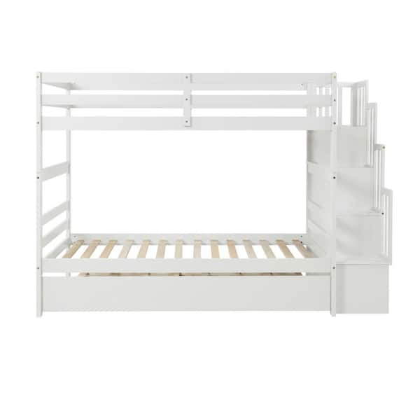 ANBAZAR White Twin Over Twin Kids Bunk Bed with Trundle, Staircase and Guardrail, Detachable Wood Stairway Bunk Bed with Shelves