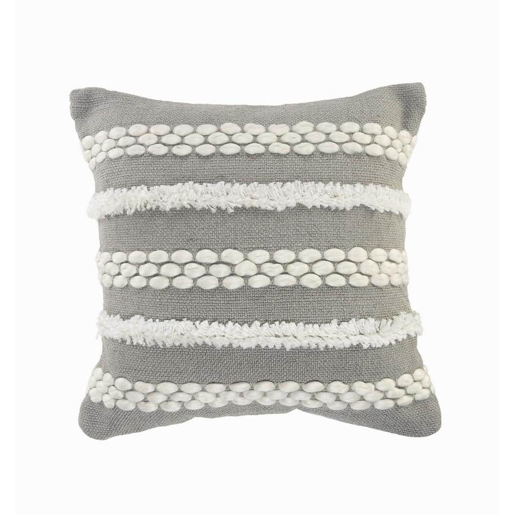 Textured Gray / Ivory Tufted Stripes Cozy Poly-Fill 20 in. x 20 in. Indoor/