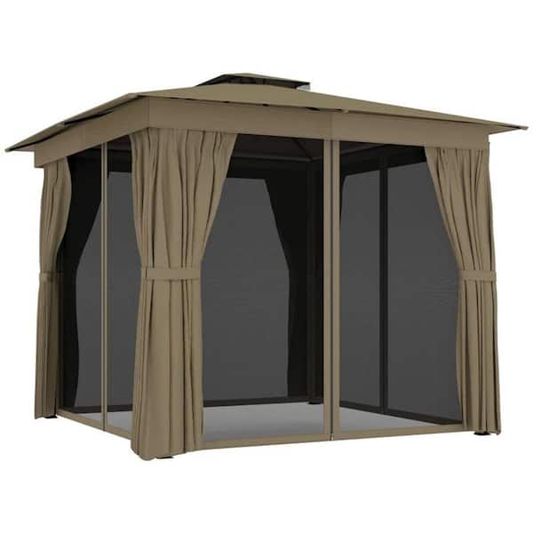 Outdoor Gazebo with Double-Tier Roof, Curtains & Mesh Netting, Patio Canopy Shelter with UPF30+ Sun Protection