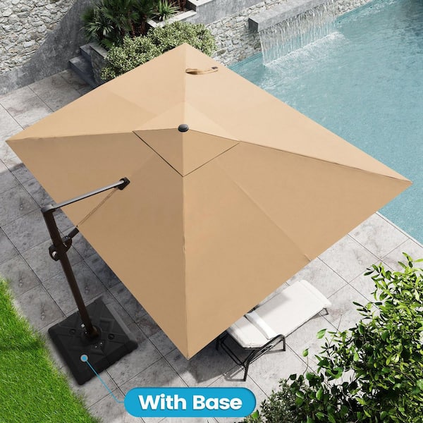 11 ft. x 9 ft. Cantilever Patio Umbrella in Tan Brown with 220 lbs. Wheeled Base Outdoor Double Top Umbrella for Patio