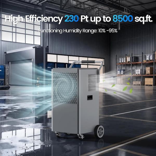230 pt. 8,500 sq.ft. Bucketless Commercial Dehumidifier for Basement in Gray, Drain Hose,10%-95%RH Adjustable Humidistat