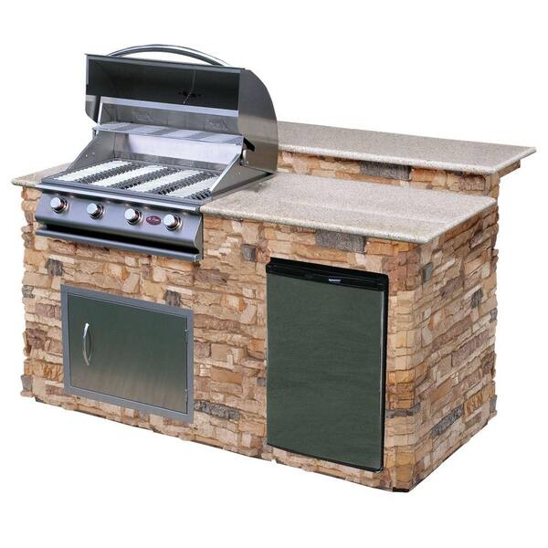 Cal Flame 6 ft. Stone Grill Island with Granite Top and 4-Burner Stainless Steel Propane Gas Grill