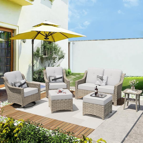 weaxty W Tulip L Gray 6-Piece Wicker Patio Outdoor Conversation Sofa Set with Swivel Rocking Chairs and Light Gray Cushions