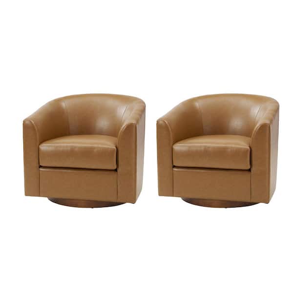 JAYDEN CREATION Meroy 30.5 in. Wide Camel Modern Swivel Barrel Faux Leather Chair with Solid Wood Base Set of 2