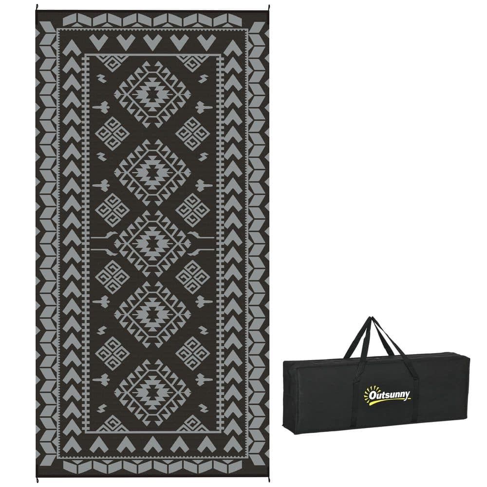 Black and Gray Rhombus Patchwork 9 ft. x 18 ft. Waterproof Plastic Reversib