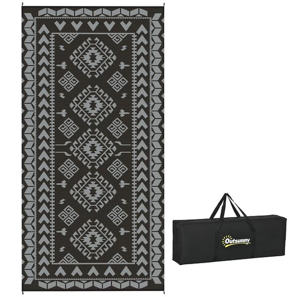 Black and Gray Rhombus Patchwork 9 ft. x 18 ft. Waterproof Plastic Reversible Outdoor Rug Large Straw Floor Mat Area Rug