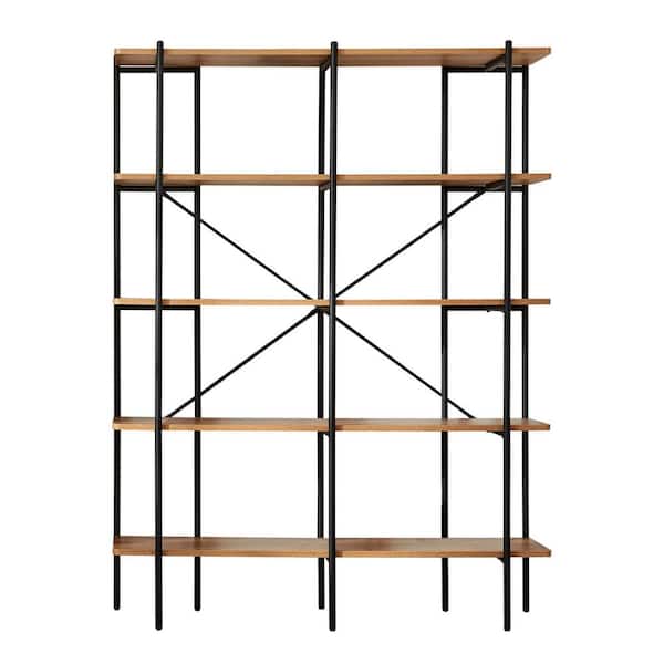 Acacia Wood 5 Shelf Standard Bookcase, Metal Frame Bookcase