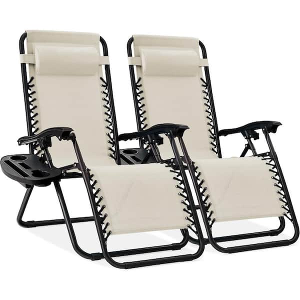ITOPFOX Ivory Adjustable Steel Mesh Zero Gravity Lounge Chair Recliners with Pillows and Cup Holder Trays, Set Of 2