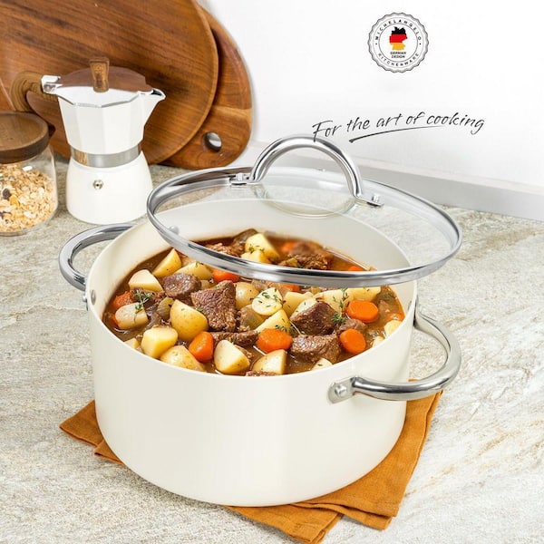 Ceramic Stock Pot with Lid, 5 qt. Nonstick Cooking Pot, Cream