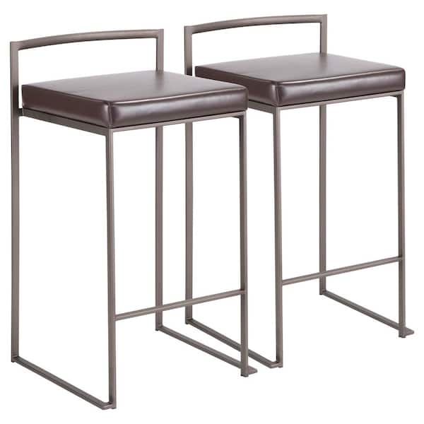 Lumisource Fuji 26 in. Antique Stackable Counter Stool with Brown Faux Leather Cushion (Set of 2)