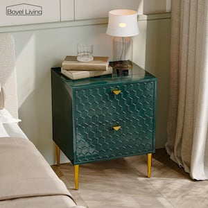 Green Wood Nightstand Accent Storage Cabinet with 2-Drawer Chest
