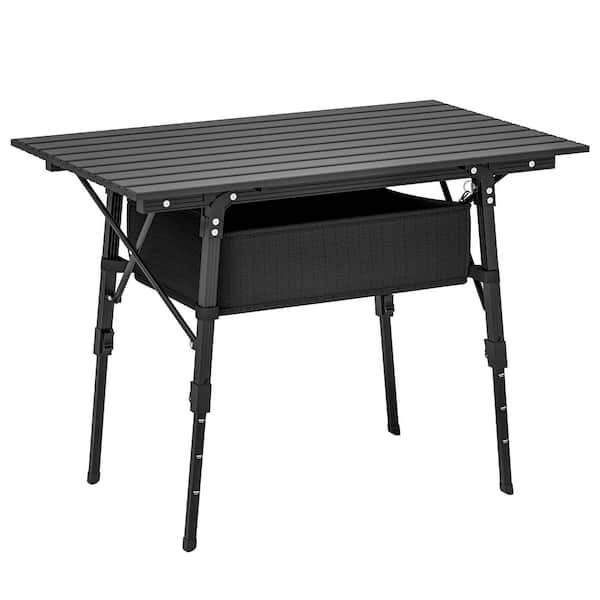 21.7 in. Portable Camping Adjustable Height Rectangle Aluminum Small Folding Picnic Tables Table with Storage Bag, Black