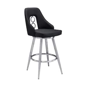 Perrin Contemporary 26 in. Counter Height in Brushed Stainless Steel Finish and Black Faux Leather Bar Stool