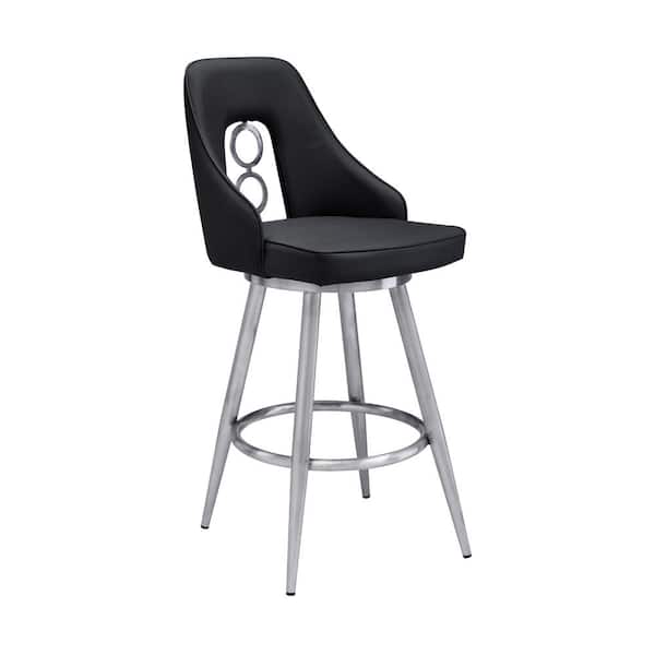 Armen Living Perrin Contemporary 26 in. Counter Height in Brushed Stainless Steel Finish and Black Faux Leather Bar Stool