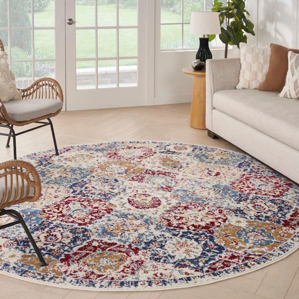 Grafix Blue Multicolor 4 ft. x 4 ft. Medallion Traditional Round Area Rug