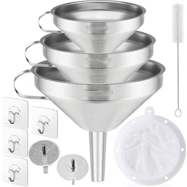 Stainless Steel Kitchen Funnels Food Grade Cooking Funnel Set of 3 with Strainers for Filling Bottles