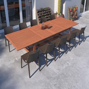 Fiji 11-Piece Eucalyptus Wood And Resin Patio Rectangular Dining Table Set Ideal for Outdoors, Brown