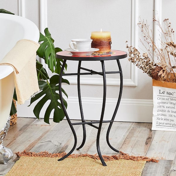 Black Metal Mosaic Top Outdoor Side Table with Curved Legs, Red Pattern