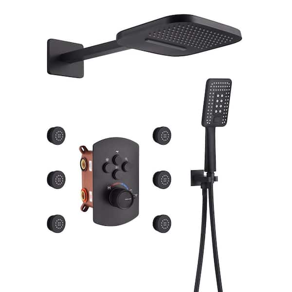 Mondawe Pressure Balanced 4-Spray Patterns 22 in. Wall Mounted RainfallDual Shower Heads with 6 Body Spray in Matte Black