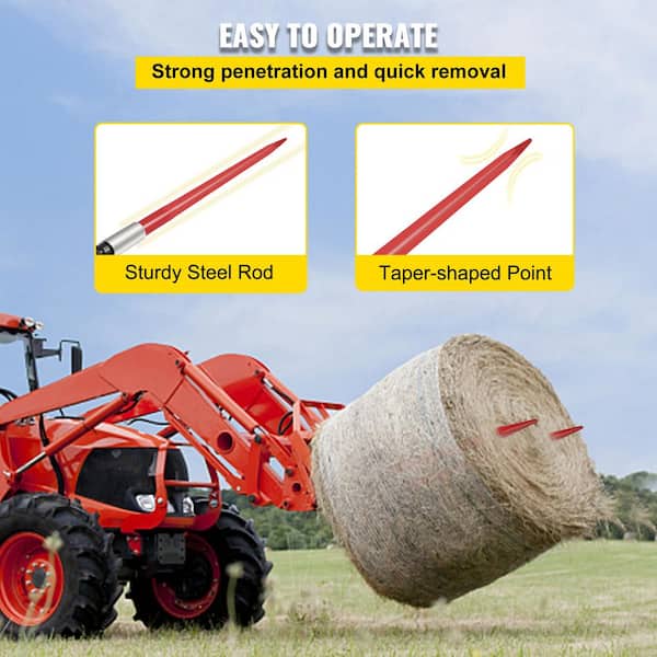 VEVOR Pair Hay Bale Spear 39 in. Garden Fork Spike 1-3/4 in. 3000 lbs. Red with Hex Nut Sleeve for Bucket Tractor Loader