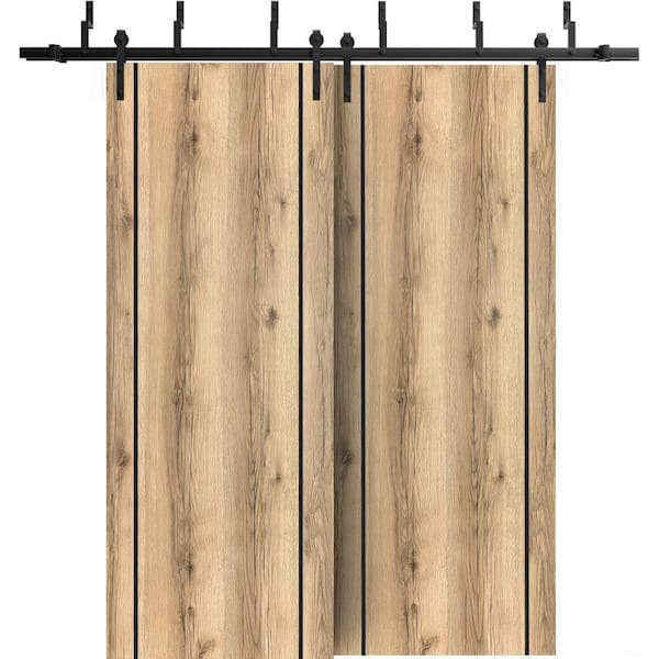 48 in. x 80 in. 2 Panel Oak Solid Wood with Honeycomb Sliding Barn Door with Hardware Kit