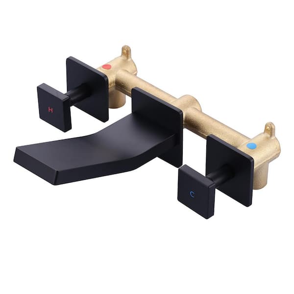 ARCORA Double Handle Solid Brass Wall Mounted Bathroom Faucet, Waterfall Basin Faucet with Rough in Valve in Matte Black