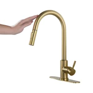 Single Handle Touch Pull Down Sprayer Kitchen Faucet with Deckplate Included Stainless Steel in Brushed Gold