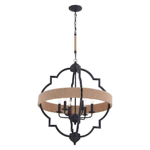 Beaumont 6-Light Gray and Natural Rop Farmhouse Cage Pendant Light